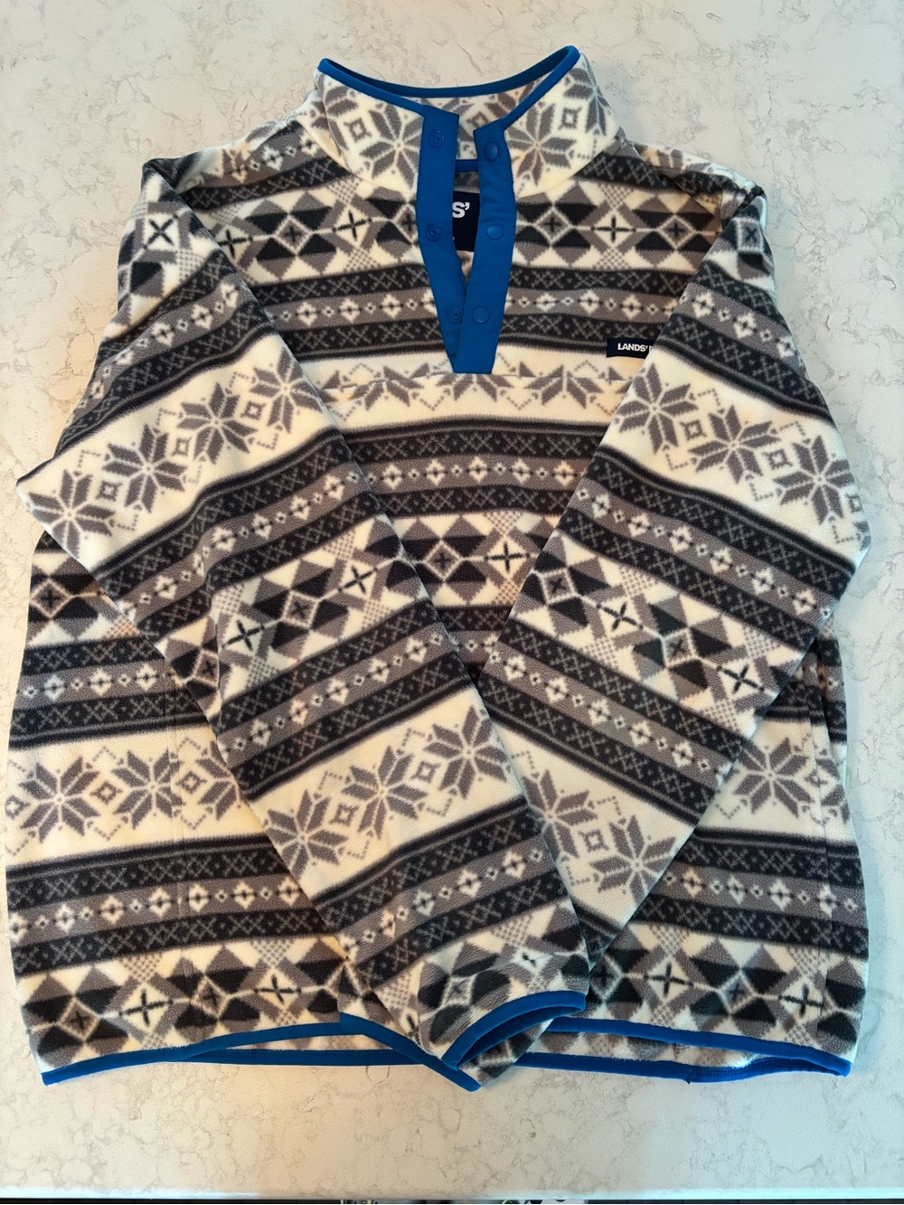 Lands' End Men’s Cream & Gray Fair Isle Fleece Pullover
